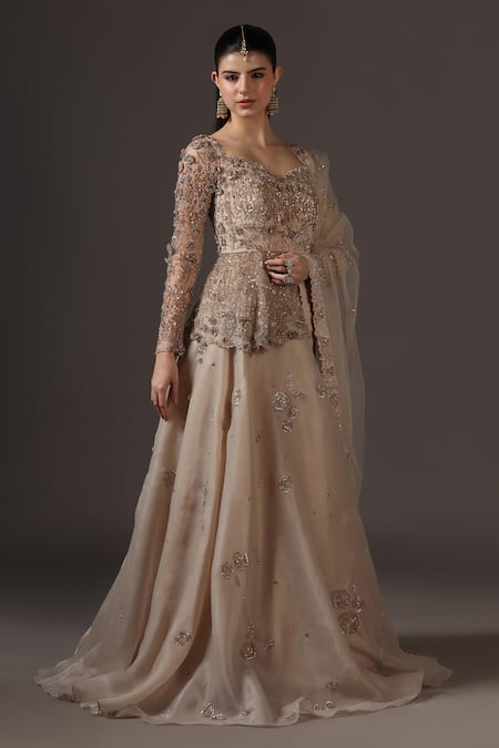 Pooja Peshoria Gold Organza, Net Sequins, Beads Champagne Hand Embroidered Lehenga Set 