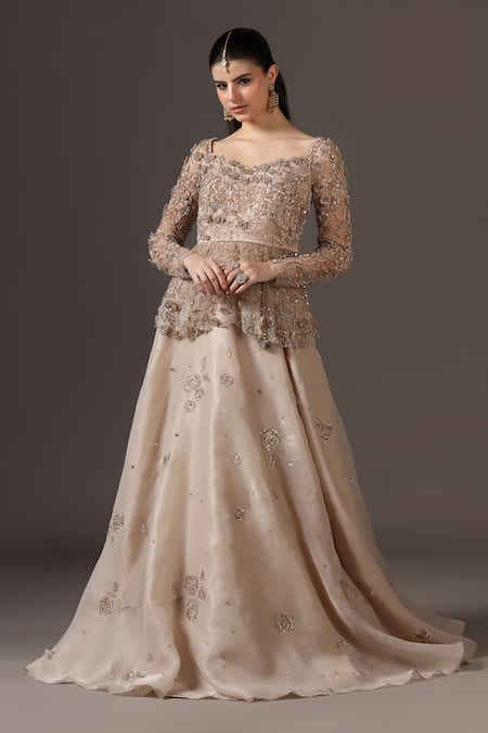 Pooja Peshoria_Gold Organza, Net Sequins, Beads Champagne Hand Embroidered Lehenga Set _Online_at_Aza_Fashions