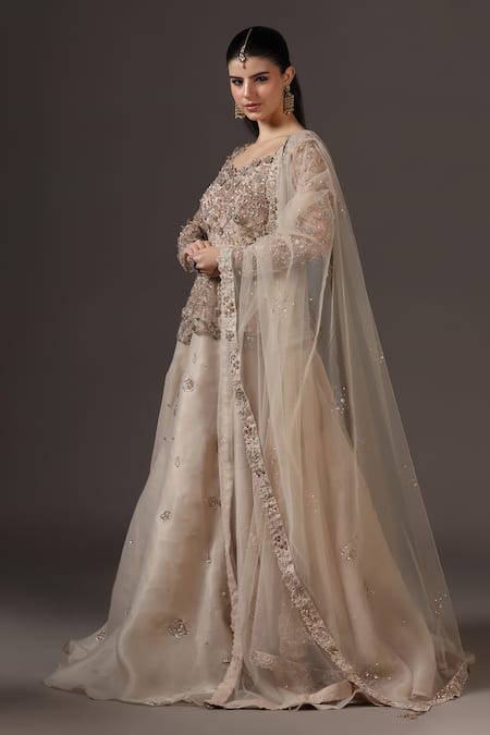 Buy_Pooja Peshoria_Gold Organza, Net Sequins, Beads Champagne Hand Embroidered Lehenga Set _Online_at_Aza_Fashions