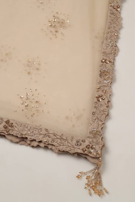 Shop_Pooja Peshoria_Gold Organza, Net Sequins, Beads Champagne Hand Embroidered Lehenga Set _Online_at_Aza_Fashions