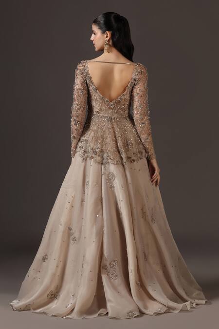 Pooja Peshoria_Gold Organza, Net Sequins, Beads Champagne Hand Embroidered Lehenga Set _at_Aza_Fashions