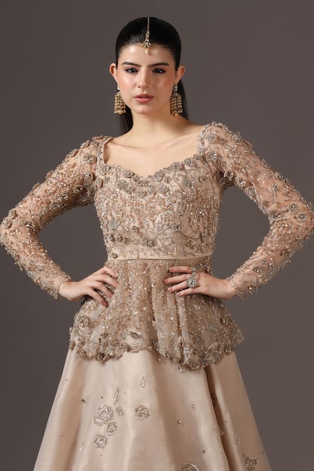 Buy_Pooja Peshoria_Gold Organza, Net Sequins, Beads Champagne Hand Embroidered Lehenga Set 