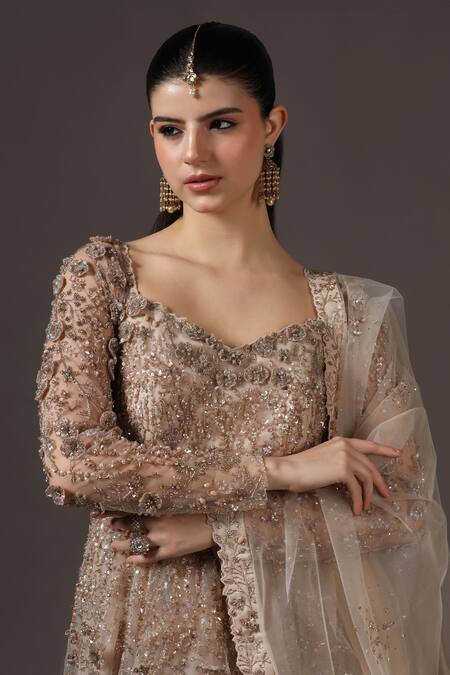 Shop_Pooja Peshoria_Gold Organza, Net Sequins, Beads Champagne Hand Embroidered Lehenga Set 