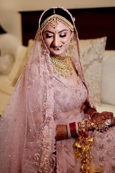 Pooja Peshoria_Pink Silk, Net Embroidery, Applique, Fabric 3d Embellished Bridal Lehenga Set _Online_at_Aza_Fashions