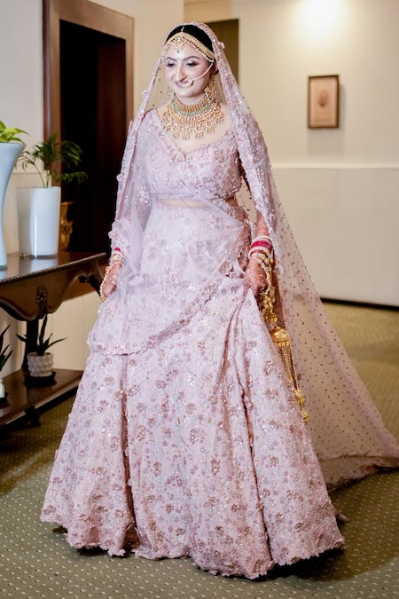 Shop_Pooja Peshoria_Pink Silk, Net Embroidery, Applique, Fabric 3d Embellished Bridal Lehenga Set _Online_at_Aza_Fashions