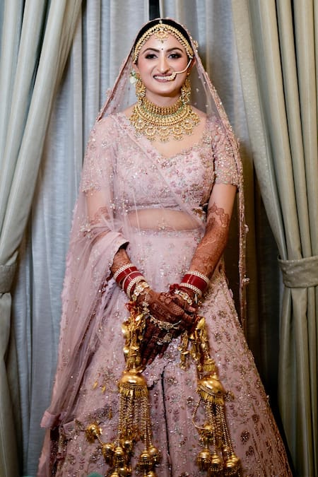 Buy_Pooja Peshoria_Pink Silk, Net Embroidery, Applique, Fabric 3d Embellished Bridal Lehenga Set 