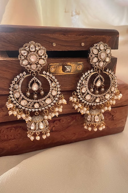 Saga Jewels_White Crystals, Pearls Designer Embellished Earrings _Online_at_Aza_Fashions