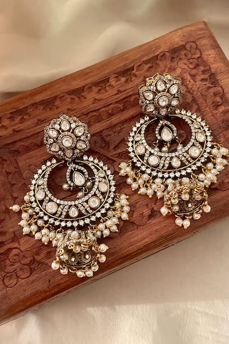 Saga Jewels White Crystals, Pearls Designer Embellished Earrings 