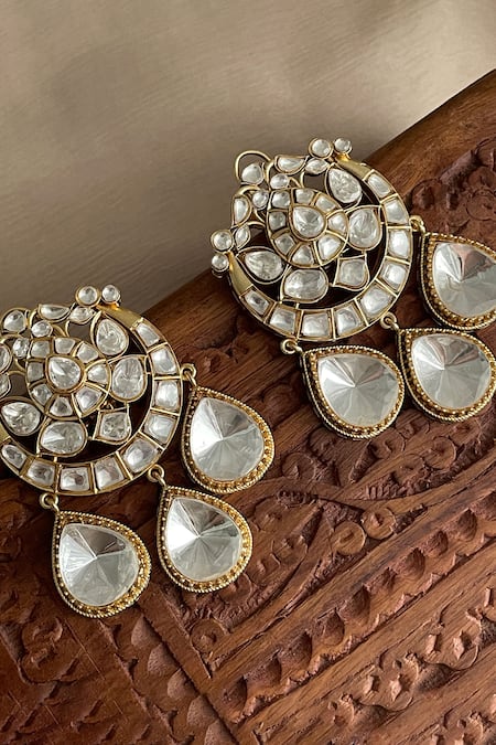 Shop_Saga Jewels_White Crystals Designer Earrings With Gemstones _at_Aza_Fashions