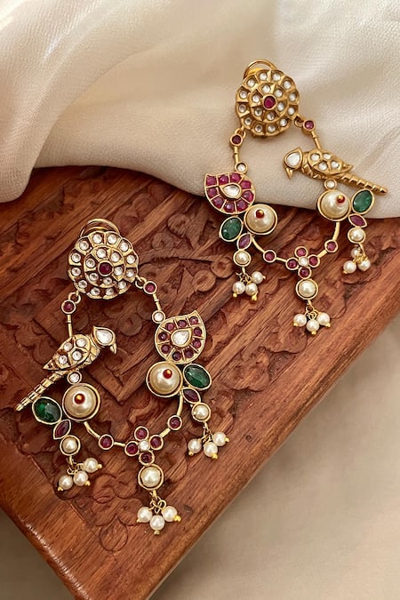 Saga Jewels Multi Color Pearls, Stones Designer Multi-color Earrings 