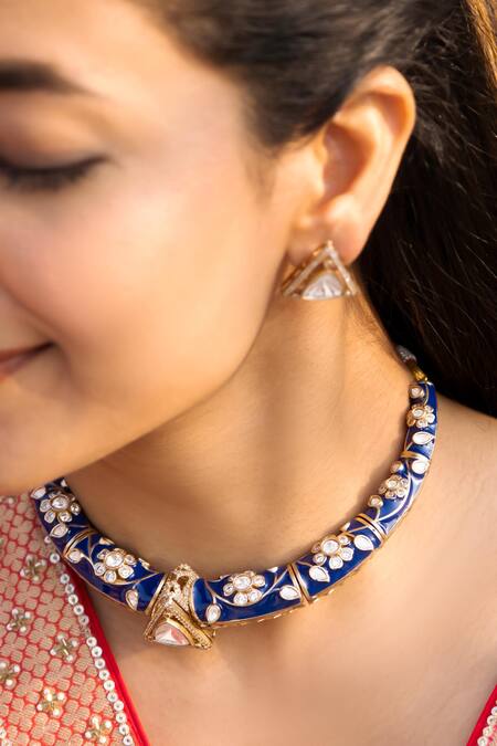 Saga Jewels_Blue Crystals, Studs Designer Necklace And Earring Set _Online_at_Aza_Fashions