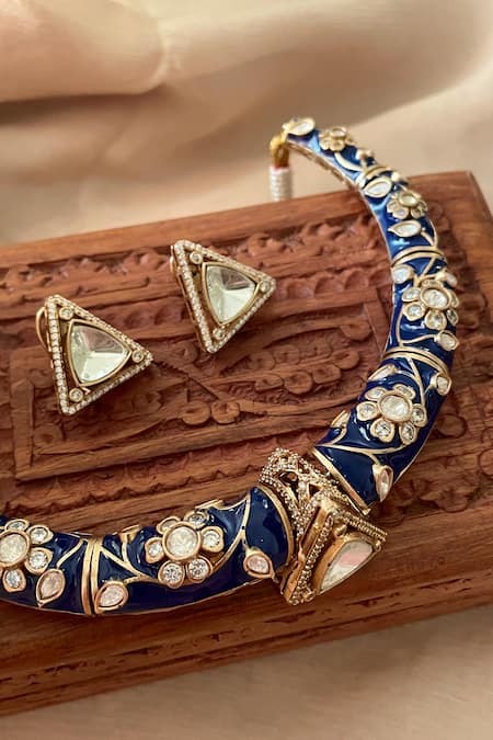 Shop_Saga Jewels_Blue Crystals, Studs Designer Necklace And Earring Set _Online_at_Aza_Fashions