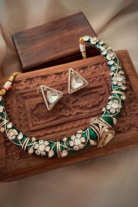 Saga Jewels_Green Imitation Diamonds Designer Necklace And Earring Set _Online_at_Aza_Fashions
