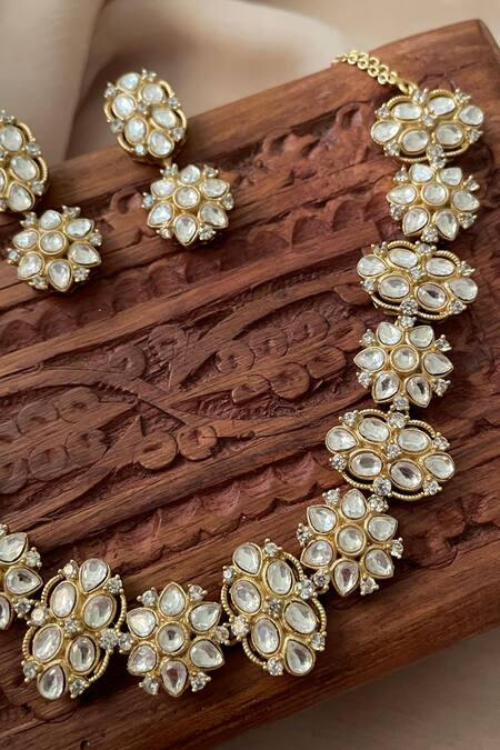 Saga Jewels_White Stones Designer Floral Necklace And Earrings Set _Online_at_Aza_Fashions