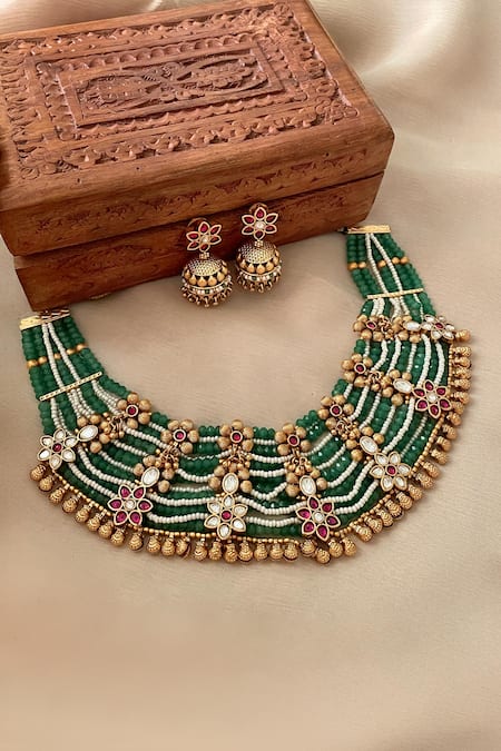 Saga Jewels Green Stones Designer Necklace And Earring Set 