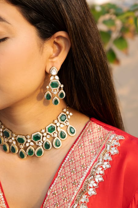 Saga Jewels_Green Rhinestones Designer Necklace And Earring Set _Online_at_Aza_Fashions