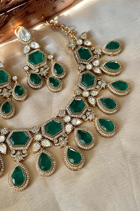 Buy_Saga Jewels_Green Rhinestones Designer Necklace And Earring Set _Online_at_Aza_Fashions