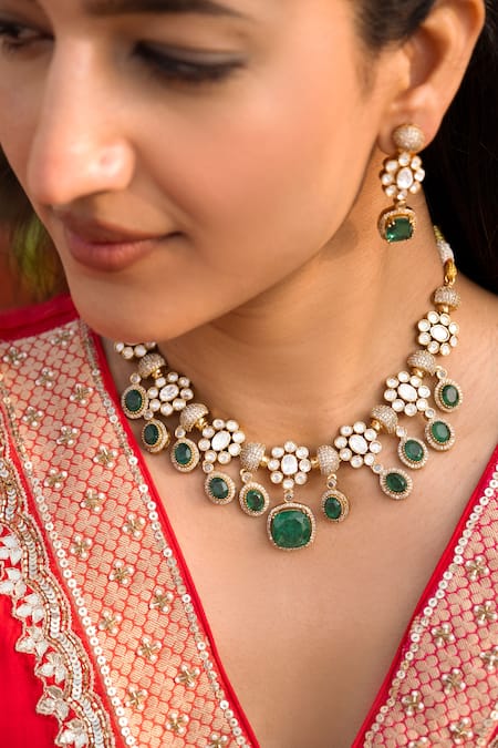Saga Jewels Green Faux Diamonds, Stones Designer Necklace And Earring Set