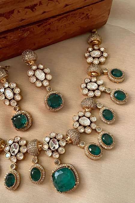 Saga Jewels_Green Faux Diamonds, Stones Designer Necklace And Earring Set _Online_at_Aza_Fashions