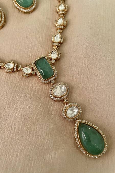 Saga Jewels_Green Stones Designer Necklace And Earring Set _Online_at_Aza_Fashions