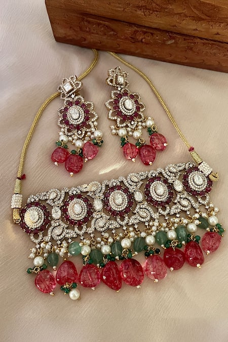 Saga Jewels Multi Color Gemstones, Pearls Multi-color Designer Necklace And Earrings Set 