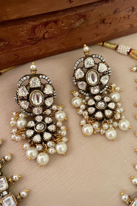 Saga Jewels_White Pearls, Rhinestones Designer Necklace And Earring Set _Online_at_Aza_Fashions