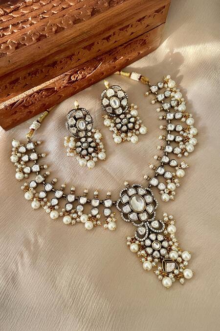 Saga Jewels White Pearls, Rhinestones Designer Necklace And Earring Set 