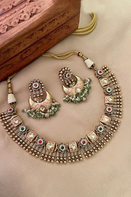 Saga Jewels Green Gemstones, Pearls Designer Necklace And Earring Set 