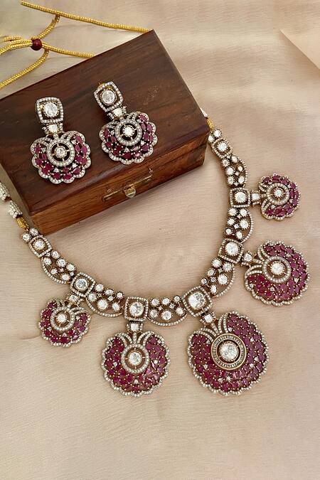 Saga Jewels Pink Rhinestones, Stones Designer Necklace And Earring Set 