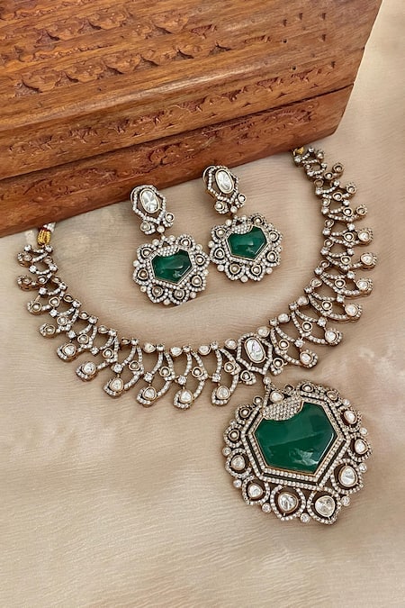 Saga Jewels Green Crystals Designer Necklace And Earring Set 