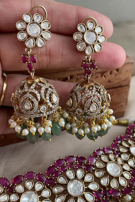 Saga Jewels_Multi Color Pearls, Gemstones Embellished Necklace And Earrings _Online_at_Aza_Fashions