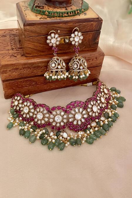 Saga Jewels Multi Color Pearls, Gemstones Embellished Necklace And Earrings 