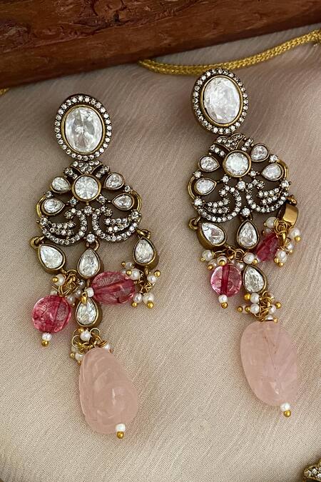Saga Jewels_Pink Faux Diamonds, Stones Designer Necklace And Earring Set _Online_at_Aza_Fashions
