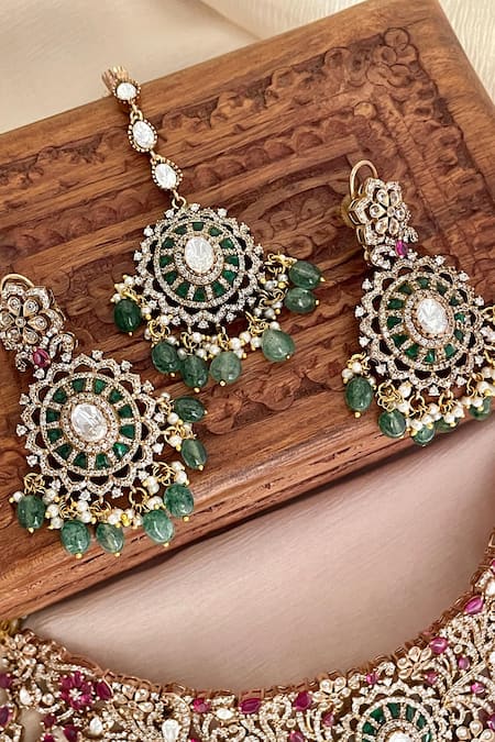 Saga Jewels_Pink Rhinestones, Gemstones Designer Necklace Set _Online_at_Aza_Fashions