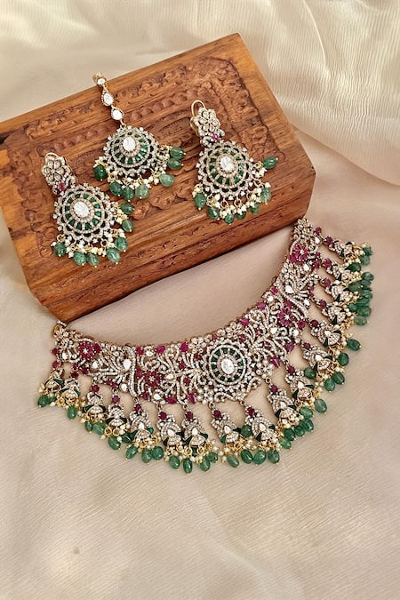 Saga Jewels Pink Rhinestones, Gemstones Designer Necklace Set 