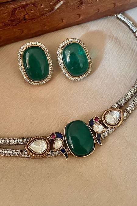 Saga Jewels Designer Green Necklace & Earring Set 