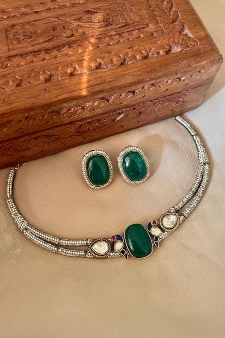 Saga Jewels Green Rhinestones Designer Necklace And Earring Set 