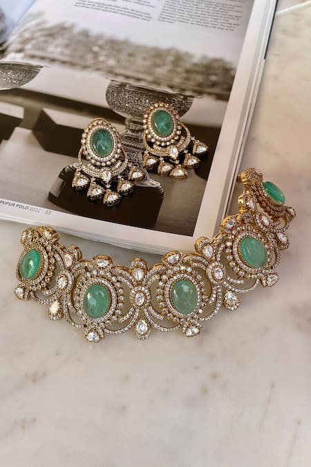 Saga Jewels Blue Crystals Designer Necklace And Earring Set 