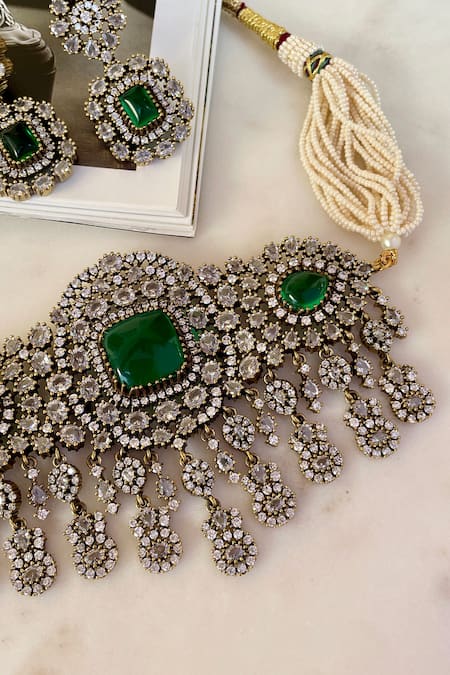 Saga Jewels_Green Rhinestones, Gemstones Designer Necklace And Earring Set _Online_at_Aza_Fashions