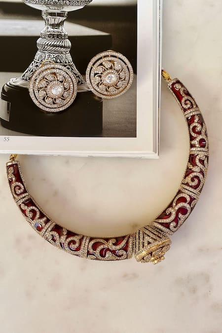Saga Jewels Red Crystals Designer Necklace And Earring Set 