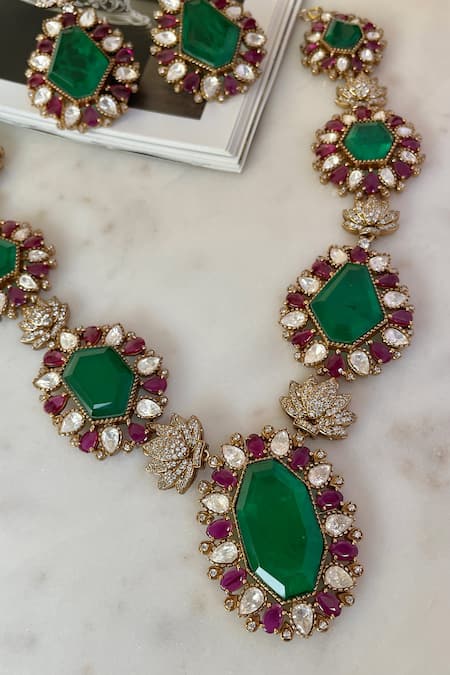 Saga Jewels_Green Gemstones, Rhinestones Designer Necklace And Earring Set _Online_at_Aza_Fashions