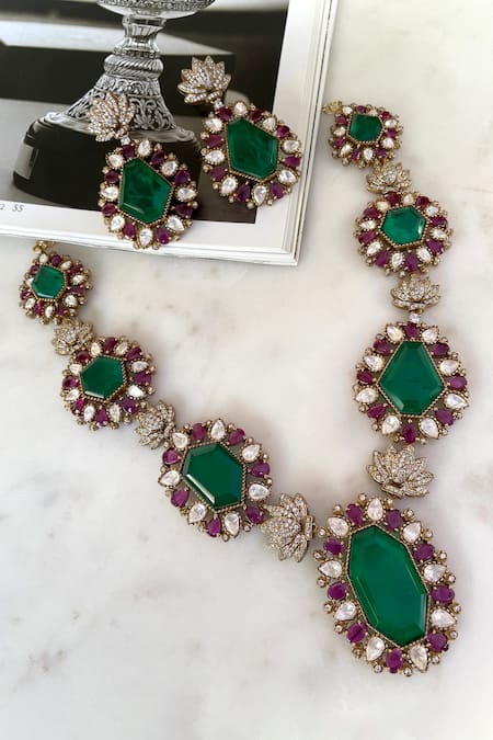 Saga Jewels Green Gemstones, Rhinestones Designer Necklace And Earring Set 