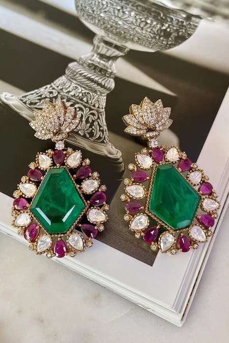 Buy_Saga Jewels_Green Gemstones, Rhinestones Designer Necklace And Earring Set _Online_at_Aza_Fashions