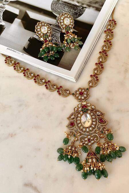 Saga Jewels Green Gemstones, Pearls Designer Necklace And Earring Set 