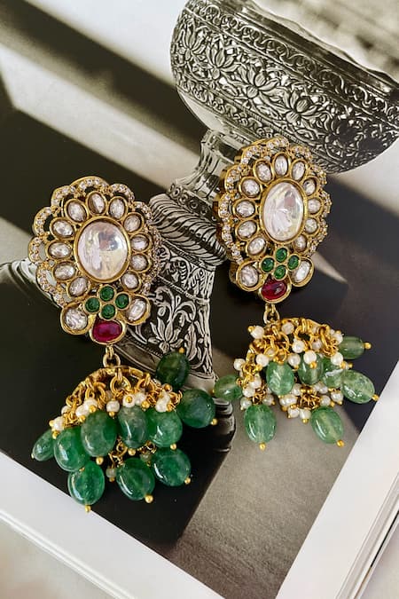 Saga Jewels_Green Gemstones, Pearls Designer Necklace And Earring Set _Online_at_Aza_Fashions