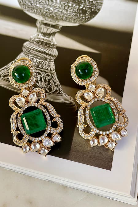 Saga Jewels_Green Imitation Diamonds Designer Necklace And Earring Set _Online_at_Aza_Fashions