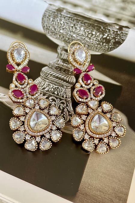 Saga Jewels_Gold Plated Gemstones, Designer Pink Necklace And Earring Set _Online_at_Aza_Fashions