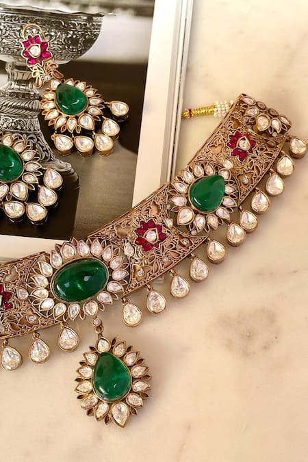 Shop_Saga Jewels_Green Crystals Designer Necklace And Earring Set _Online_at_Aza_Fashions