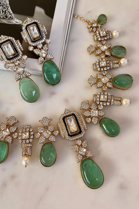 Buy_Saga Jewels_Green Crystals, Stones Designer Necklace And Earring Set _Online_at_Aza_Fashions