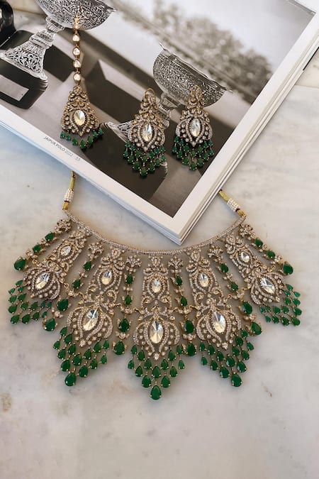 Saga Jewels Green Crystals, Gemstones Designer Necklace Set 